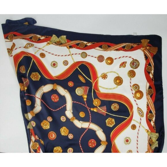 Italian Blue Framed Scarf Wrap Medallions Tassels 44" Square Vintage Polyester - Picture 8 of 11